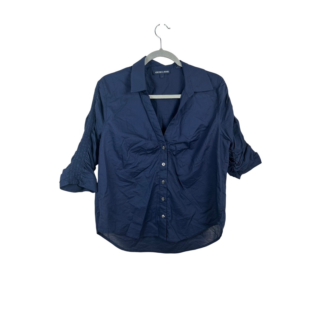 Veronica Beard Button Down Women Large Navy Blue Excellent Ruched Sleeve Top